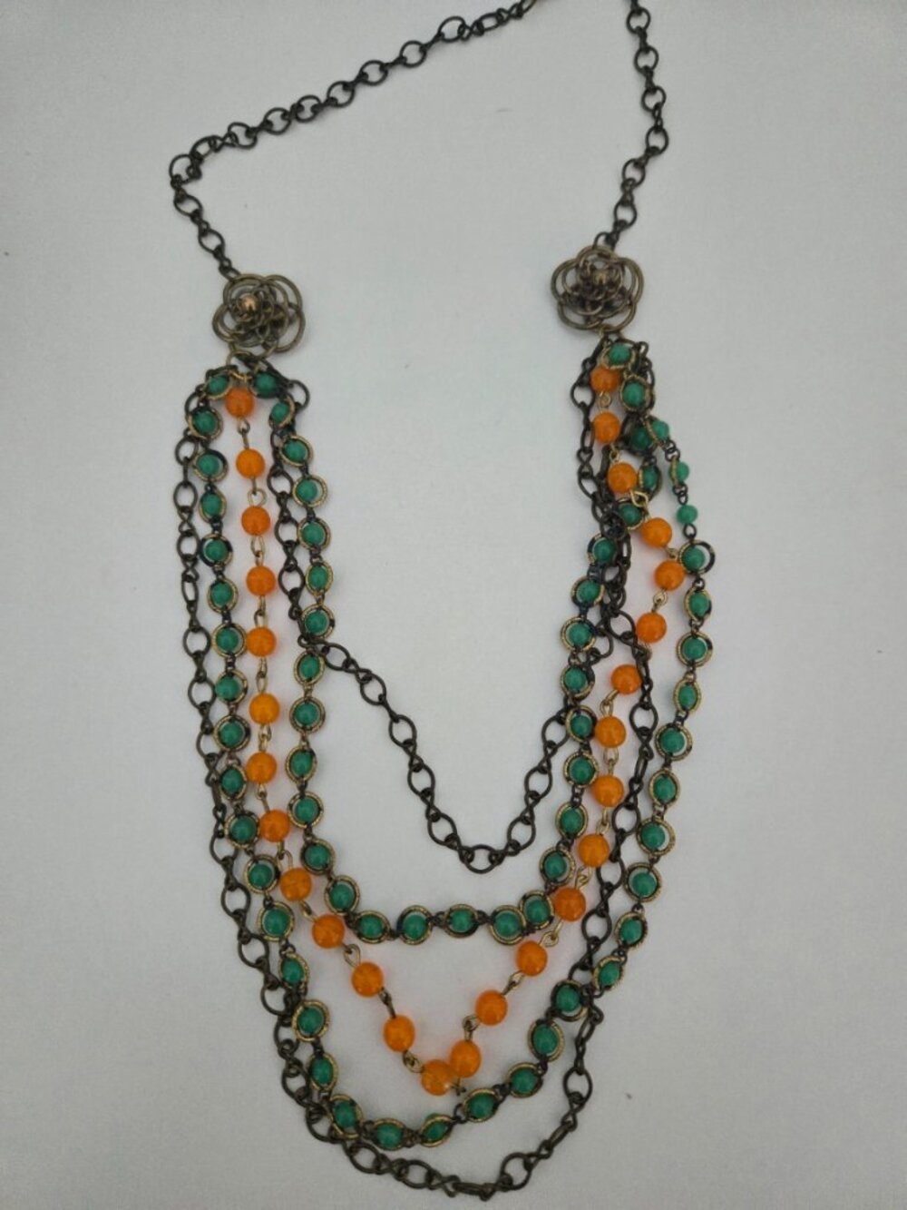 Vintage Orange & Green Glass Multi Chain Necklace